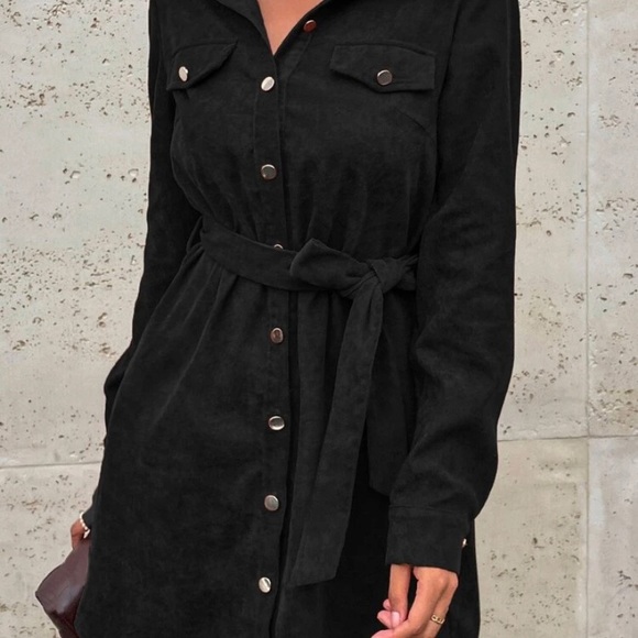 Corduroy Solid Belted Shirt Dress - Picture 4 of 5